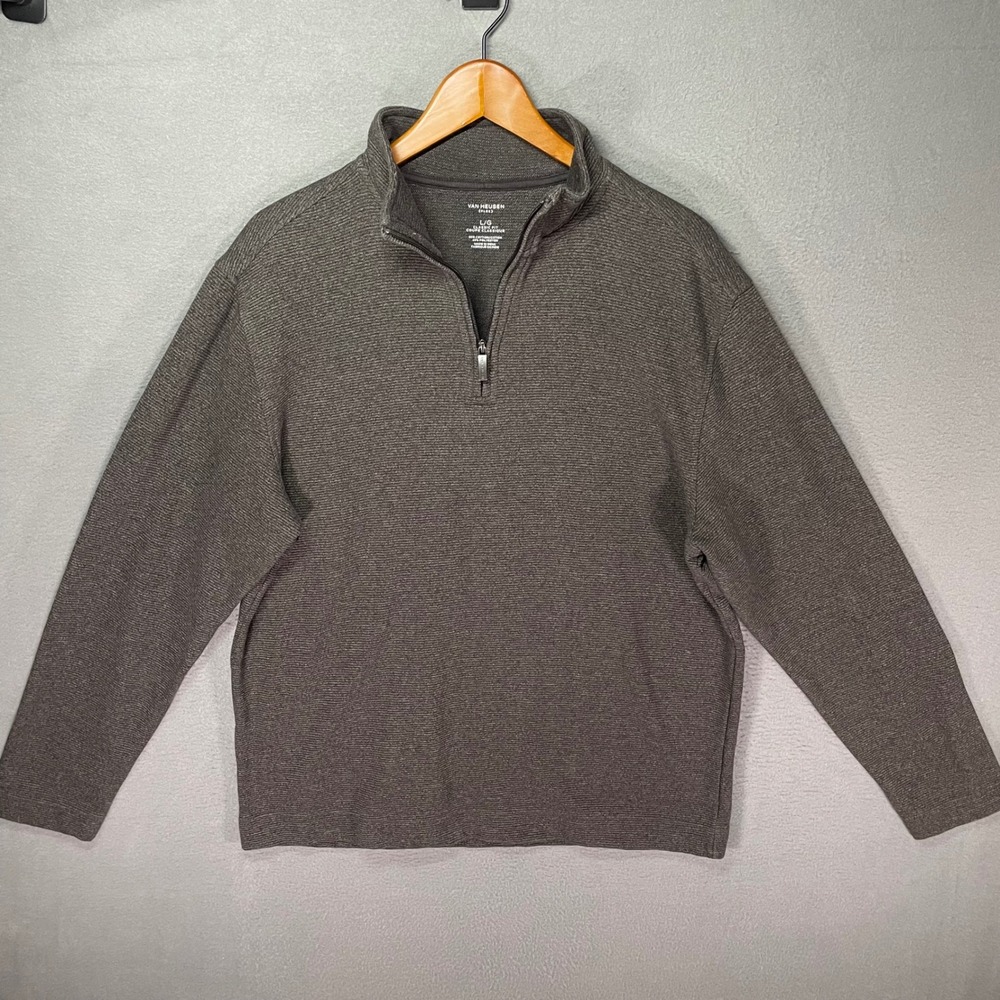 Van Heusen Quarter Zip Pullover Mens Large Gray Ribbed Flex‎